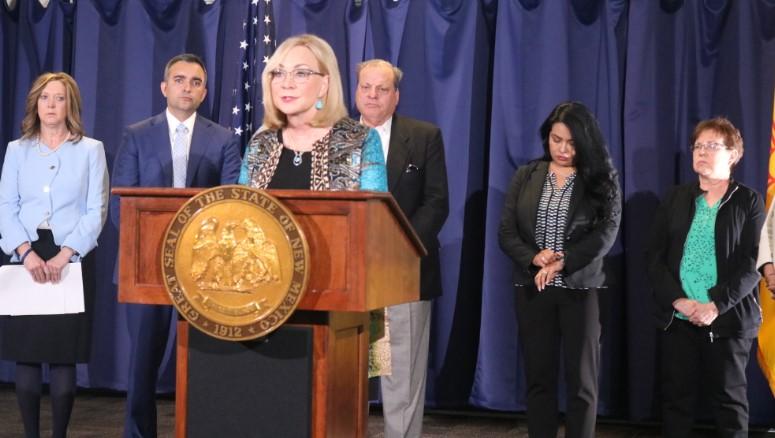 Chamber President & CEO Terri Cole addresses the media at a press conference yesterday calling for strengthening pre-trial detention procedures in New Mexico