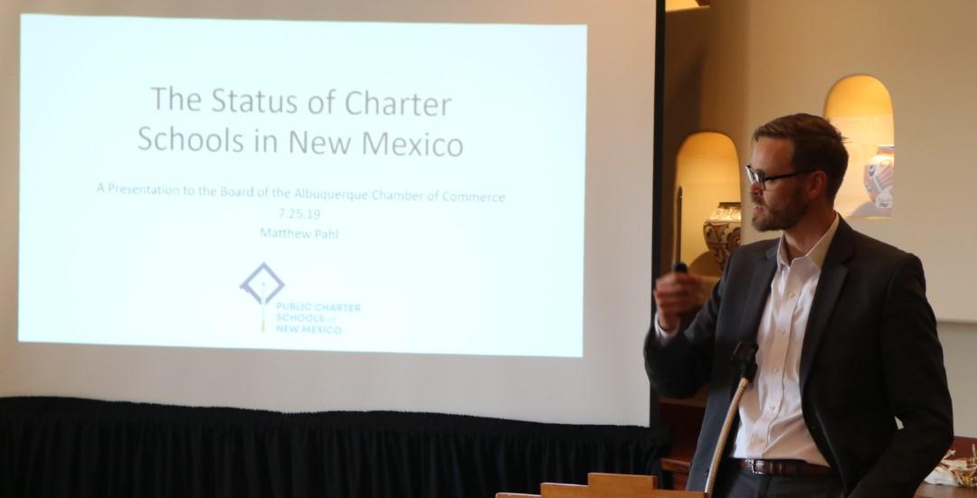 Matt Pahl, Executive Director of Public Charter Schools of New Mexico, makes a presentation detailing the progress and challenges facing charters in New Mexico