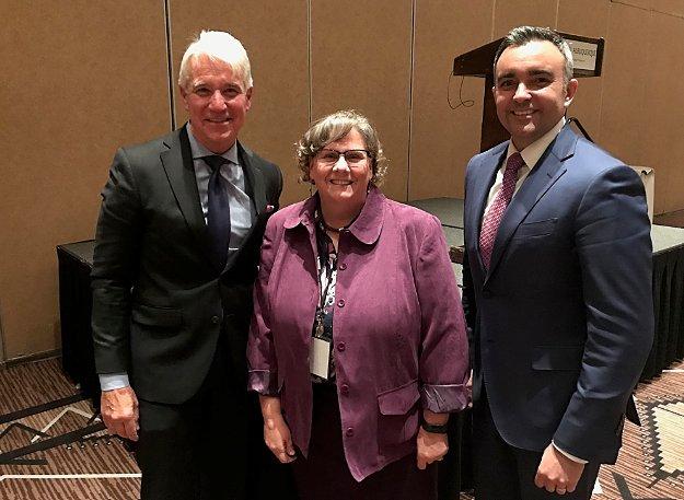 From left to right, San Francisco District Attorney George Gascón, Chamber Board member and KOB 4 Vice President and General Manager Michelle Donaldson, and Bernalillo County District Attorney Raúl Torrez at the national Symposium on Intelligence-Driven Prosecution in Albuquerque last week