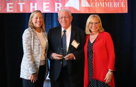 Statesman of the Year Awardee Sen. John Arthur Smith, alongside Chamber Board Chair and PNM Resources President and CEO Pat Vincent-Collawn and Chamber President and CEO Terri Cole