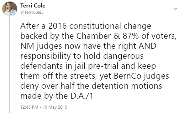 The first of a series of social media postings regarding the lack of approvals of pre-trial detention requests made by the Bernalillo County District Attorney's Office