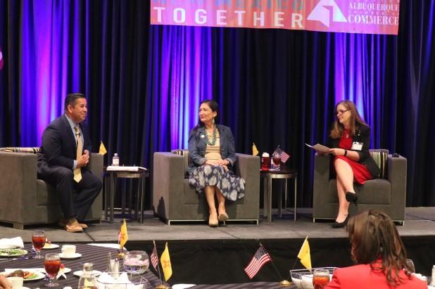 US Representatives Ben Ray Lujan (D-NM3) and Deb Haaland (D-NM1) take questions from Albuquerque Journal editor-in-chief Karen Moses at the Chamber's annual Congressional Series event at Isleta Resort and Casino
