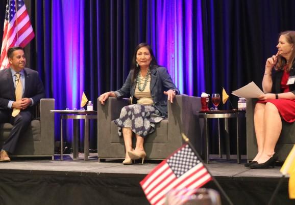 Representative Haaland answers a question from Albuquerque Journal editor-in-chief Karen Moses regarding immigration, disputing that a 'crisis' exists on the border
