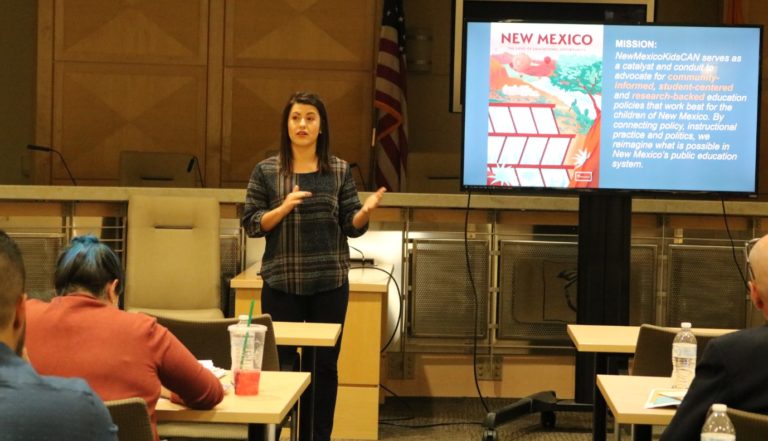 NMKidsCAN Executive Director Amanda Aragon gives a presentation to Leadership Albuquerque members on changes to New Mexico's school and teacher accountability systems