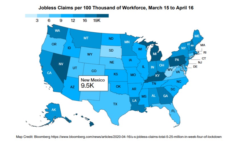 Jobless Claims per 100 Thousand of Workforce, march 15 to April 16